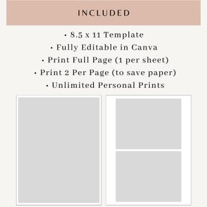 May include: A digital template graphic with the text INCLUDED, 8.5 x 11 Template, Fully Editable in Canva, Print Full Page (1 per sheet), Print 2 Per Page (to save paper), and Unlimited Personal Prints, featuring two gray rectangular layouts.