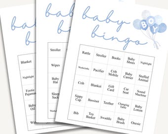 Juego de bingo para baby shower con globos azules / 50 tarjetas únicas / Plantilla editable de Canva - Imprimible para baby shower de niño / Descarga instantánea (8,5 x 11 pulgadas)