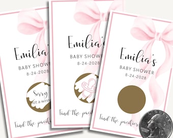 Tarjetas de juego para rascar para baby shower / Encuentra el chupete y gana / Juego para baby shower de niña / Tema de lazo rosa / Imprimible para hacer tú mismo o listo para jugar