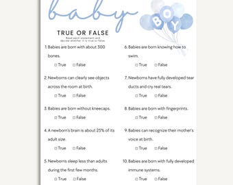 Juego de verdadero o falso para baby shower con globos azules / Plantilla editable de Canva / Trivial imprimible para baby shower de niño / Descarga instantánea 8.5x11
