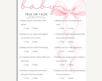 Juego de verdadero o falso para baby shower con lazo rosa / Plantilla editable de Canva / Trivial imprimible para baby shower de niña / Descarga instantánea (8,5 x 11 pulgadas)