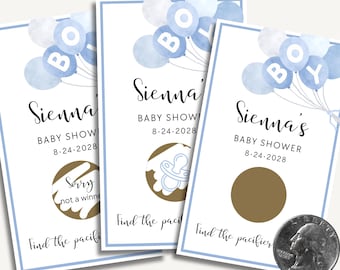 Tarjetas de juego para rascar para baby shower / Encuentra el chupete y gana / Juego para baby shower de niño / Tema de globos azules / Imprimible para hacer tú mismo o listo para jugar