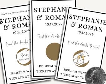 Juego de rasca y gana para bodas / Rompehielos para la hora del cóctel / Encuentra la tarjeta de la bebida / Juego minimalista en blanco y negro para la recepción de la boda