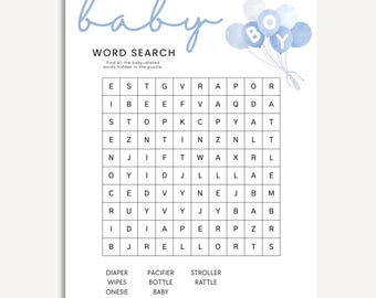 Juego de búsqueda de palabras para baby shower con globos azules para niño. Plantilla de Canva imprimible y editable. Actividad para baby shower de niño. Descarga instantánea. 8,5 x 11 pulgadas.