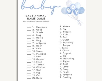 Juego de nombres de animales para baby shower con globos azules, imprimible / Plantilla editable de Canva / Imprimible para baby shower de niño / Descarga instantánea 8.5x11