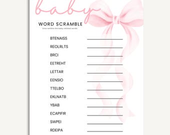 Pink Bow Baby Shower Word Scramble Game | Editable Canva Template | Girl Baby Shower Printable Activity | Instant Download 8.5x11
