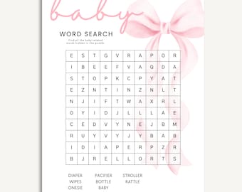Juego de búsqueda de palabras con lazo rosa para baby shower: plantilla imprimible y editable de Canva, actividad para baby shower de niña, descarga instantánea (8,5 x 11 pulgadas)