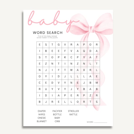 Pink Bow Baby Shower Word Search Game Printable | Editable Canva Template | Girl Baby Shower Activity | Instant Download 8.5x11