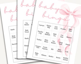 Pink Bow Baby Shower Bingo Game | 50 Unique Cards | Editable Canva Template | Girl Baby Shower Printable | Instant Download 8.5x11