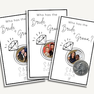 May include: Three white cards with black text and illustrations. Each card has the text "Who has the Bride + Groom?" and a diamond ring illustration. Photos of couples are inside the rings. The cards have the initials "S & K" and a date.