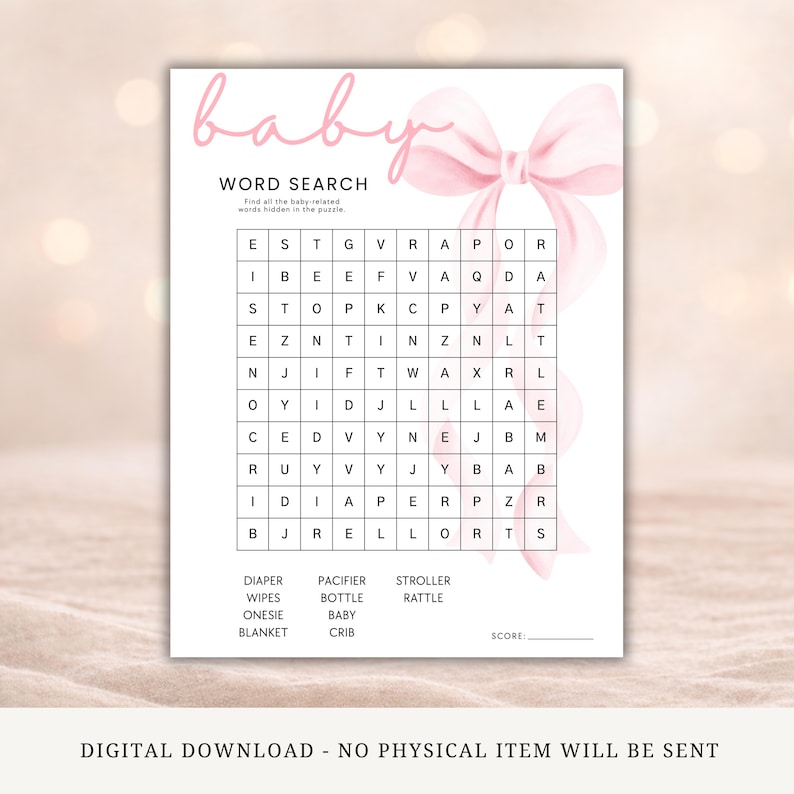 May include: A white baby shower word search game card featuring a large, soft pink watercolor bow on the right side and the word baby in pink script at the top. The grid contains various letters and a list of words to find, including diaper, pacifier, stroller, wipes, bottle, rattle, onesie, baby, blanket, and crib.