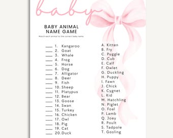 Juego de nombres de animales para baby shower con lazo rosa, imprimible / Plantilla editable de Canva / Trivia para baby shower de niña, imprimible / Descarga instantánea 8.5x11