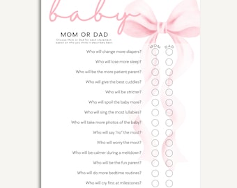 Juego imprimible para baby shower con lazo rosa para mamá o papá / Plantilla editable de Canva / Juego imprimible para baby shower de niña / Descarga instantánea 8.5x11
