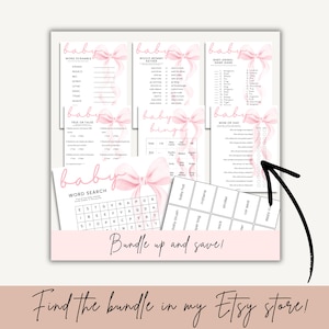 May include: A collection of baby shower game cards featuring a pink watercolor bow design. The set includes Word Scramble, Would Mommy Rather, Baby Animal Name Game, True or False, Baby Bingo, Mom or Dad, Word Search, and a sheet of baby item labels.