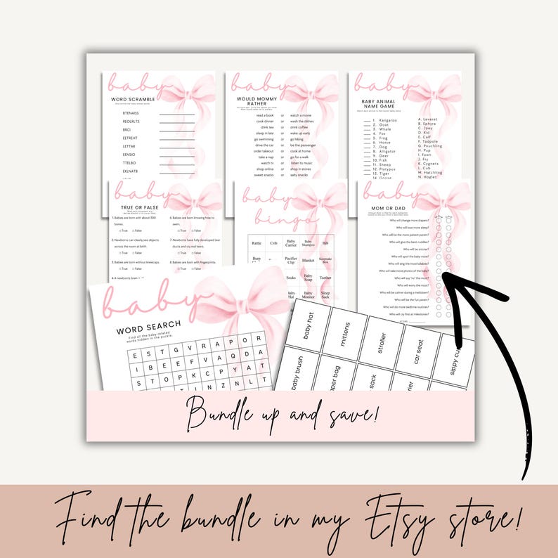 May include: A collection of baby shower game cards featuring a pink watercolor bow design. The set includes Word Scramble, Would Mommy Rather, Baby Animal Name Game, True or False, Baby Bingo, Mom or Dad, Word Search, and a sheet of baby item labels.