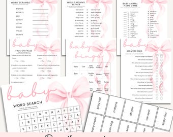 Paquete de juegos para baby shower de niño con lazo rosa / 7 juegos imprimibles para fiestas / Bingo, búsqueda de palabras, sopa de letras, trivia, etc. / Descarga instantánea