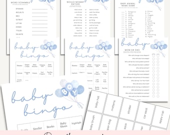 Paquete de juegos para baby shower de niño con globos azules / 9 juegos imprimibles para fiestas / Bingo, búsqueda de palabras, sopa de letras, Pictionary, preguntas y respuestas, etc. / Descarga instantánea