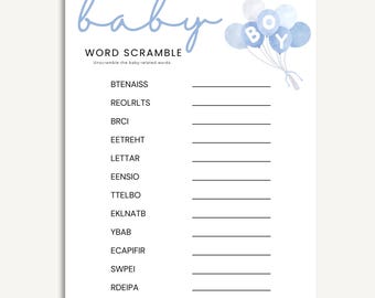 Blue Balloon Baby Shower Word Scramble Game | Editable Canva Template | Boy Baby Shower Printable Activity | Instant Download 8.5x11