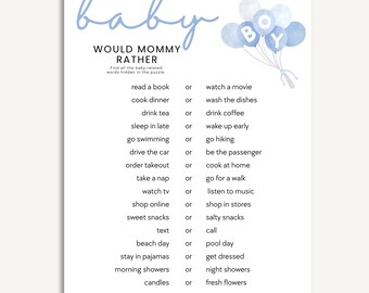 Juego "¿Qué preferiría mamá?" con globos azules / Plantilla editable de Canva / Actividad imprimible para baby shower de niño / Descarga instantánea (8,5 x 11 pulgadas)