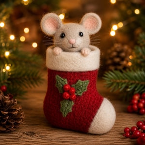 Needle Felted Christmas Mouse in Stocking, Handmade Wool Mouse Figurine, Holiday Table Decor, Cute Stocking Stuffer Gift