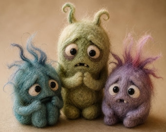 Conjunto de 3 monstruos de fieltro de aguja para apoyo emocional, criaturas de lana ansiosas hechas a mano, muñecos monstruosos adorables, regalo ideal para el escritorio.