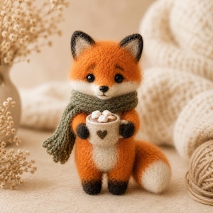 May include: A needle-felted fox figurine with orange and white fur, black-tipped ears, and black paws. The fox wears a textured olive green scarf and holds a small, speckled beige mug featuring a dark heart icon and white marshmallows.