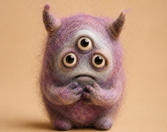 Monstruo de la ansiedad de tres ojos hecho con fieltro de aguja, criatura de apoyo emocional, compañero de escritorio adorable y peculiar hecho a mano, regalo gótico acogedor.