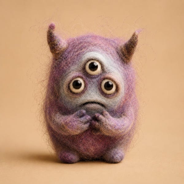 Needle Felted Three Eyed Anxiety Monster, Emotional Support Creature, Handmade Cute Weird Desk Buddy, Gothic Cozy Gift