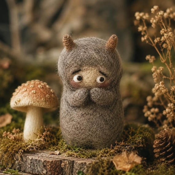 Social Anxiety Monster, Handmade Needle Felt Emotional Support Creature, Introvert Forest Monster, Cottagecore Gift