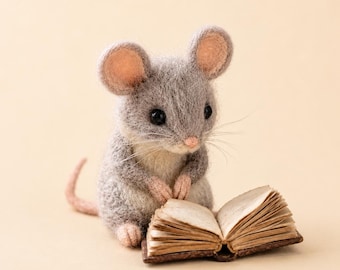 Needle Felted Reading Mouse Figurine, Handmade Book Lover Gift, Mini Mouse Decor, Library Shelf Sitter, Christmas Gift
