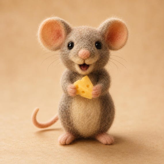 Needle Felted Mouse with Cheese, Handmade Wool Felt Mouse Figurine, Cute Mini Mouse Sculpture, Gift for Mouse Lover, Desk Decor