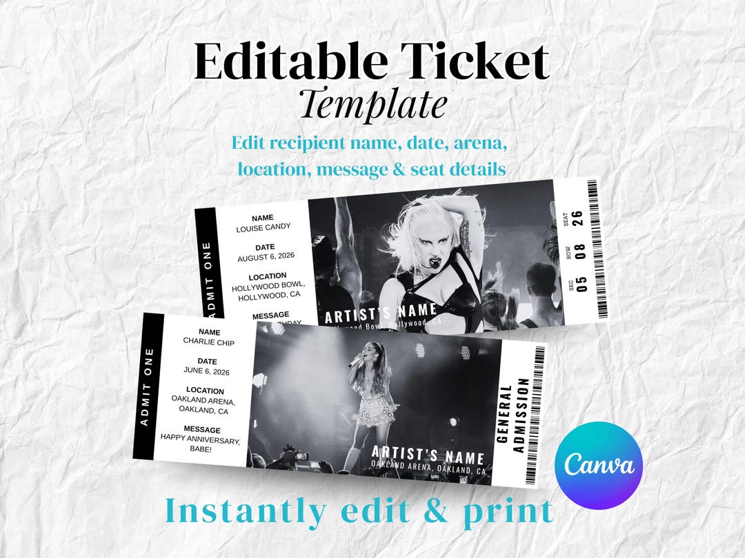 Custom Concert Ticket Template, Editable Canva Design (digital Download