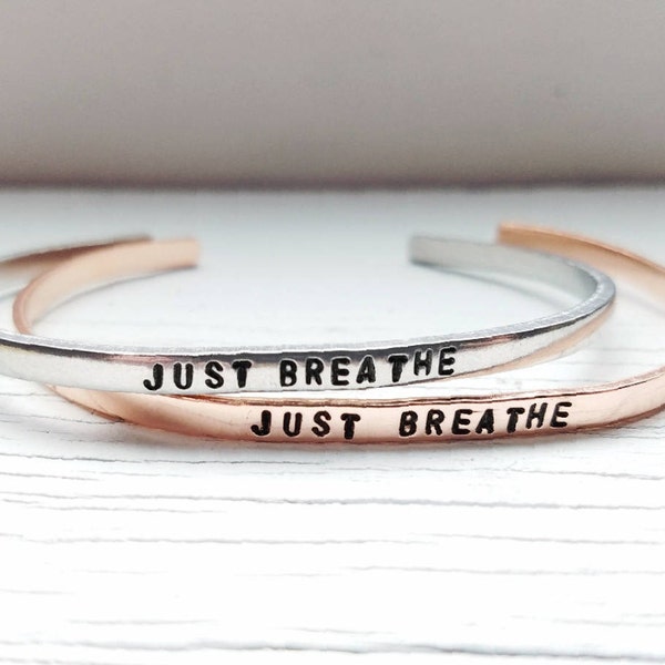 Just Breathe Bracelet Cuff, Hand Stamped Skinny Stacking Cuff