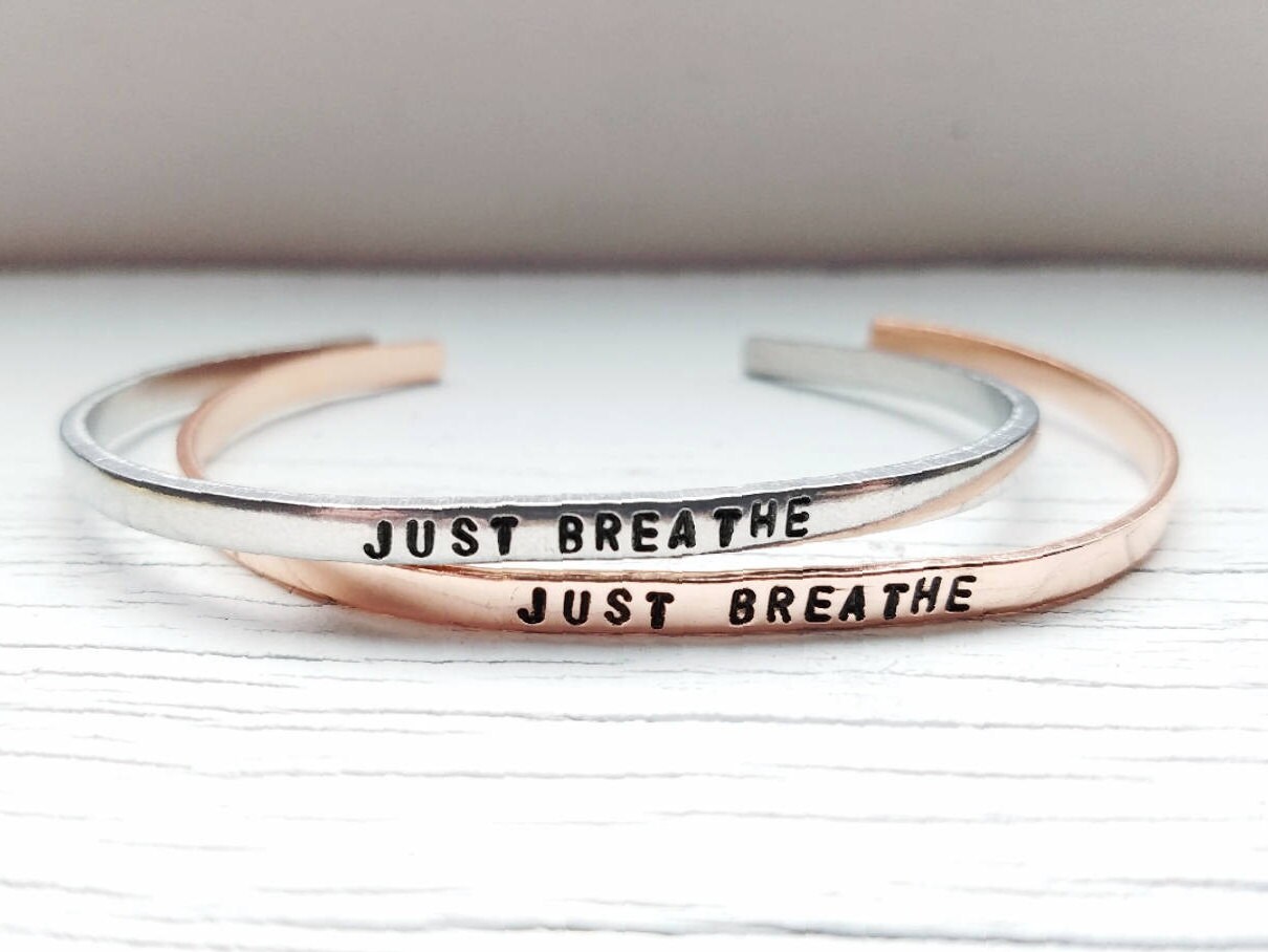 Just Breathe Bracelet Cuff, Hand Stamped Skinny Stacking Cuff