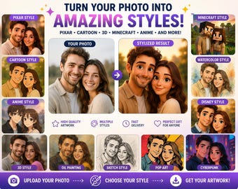 Turn Photo Into Any Art Style | Custom Cartoon, Pixar, Anime, Minecraft, Disney, Watercolor, Pop Art Portrait Gift