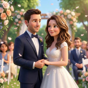以下が含まれることがあります： 手をつないでいる結婚式のカップルの漫画風イラスト。左側の人物は、白いシャツとダークな蝶ネクタイを合わせたネイビーブルーのスーツを着ています。右側の人物は、キャップスリーブの白いレースのウェディングドレスを着ています。