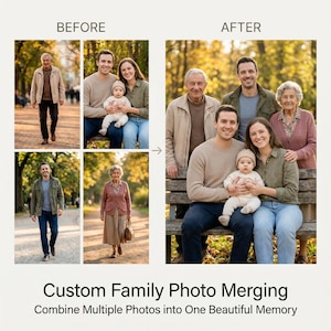 Peut inclure: Une composition de portrait de famille, présentant un groupe de personnes en extérieur. L'image est divisée en sections "Avant" et "Après", illustrant un processus de fusion de photos. Le texte en bas indique "Custom Family Photo Merging".