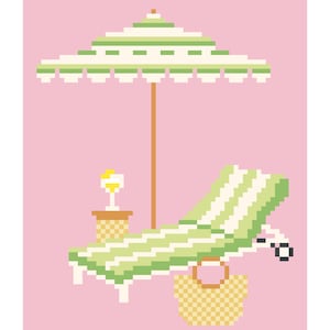 Rosa nålmönster vid poolkanten | Preppy design | 18 mesh | Digitalt stygndiagram