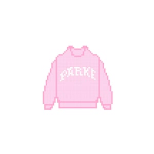 May include: A pixelated pink sweatshirt with the word "PARKE" in white block letters across the chest. The sweatshirt has a crew neck and long sleeves, set against a white background.