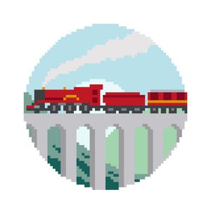 May include: Pixel art illustration of a red train with two cars crossing a gray stone bridge. The train is set against a blue sky with white clouds and green hills in the background. The image is circular.
