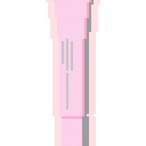 May include: A pixelated illustration of a pink tube, possibly a cosmetic product. The tube has a rectangular shape with a rounded bottom and a cap. Three vertical gray lines are on the front of the tube. The background is white.