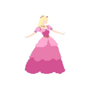 May include: Pixelated illustration of a princess in a pink gown with a layered skirt. The princess has blonde hair, a gold necklace, and a tiara. Her arms are outstretched, and she is facing to the side.