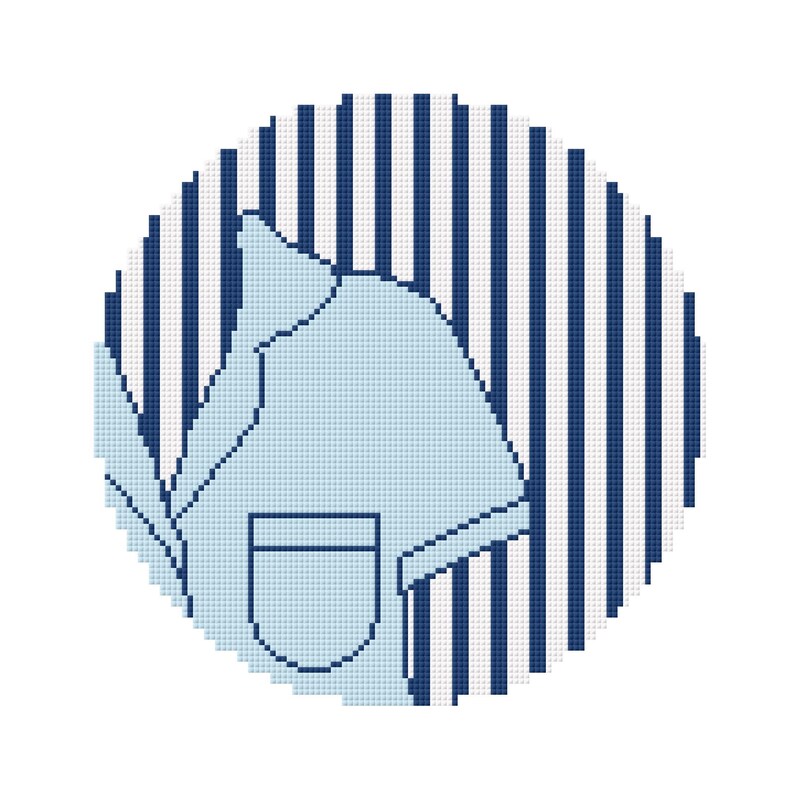 May include: A round, cross-stitch design featuring a light blue shirt with a pocket, set against a background of vertical navy blue and white stripes. The shirt's outline is clearly defined, showcasing the details of the garment.