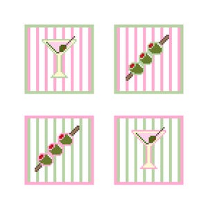 Pode incluir: Ilustrações pixelizadas de cocktails e espetos de azeitonas em fundos listrados rosa e verde. Os copos de martini têm uma azeitona verde e os espetos têm três azeitonas cada.