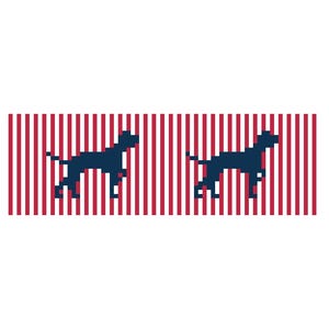 May include: Two navy blue dog silhouettes on a red and white striped background. The dogs are pixelated and appear to be running. The background has vertical stripes of red and white.