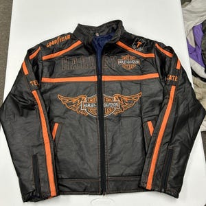Harley Davidson custom mexican Jacket Mens M Black Orange Faux Leather Patches
