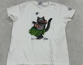 B. Kliban T-Shirt Womens S White Maui Hula Cat Graphic Short Sleeve Cotton Tee