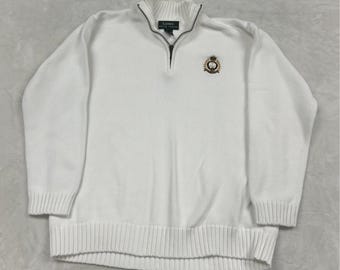 Lauren Ralph Lauren Quarter-Zip Sweater Womens L White Crest Patch Pullover