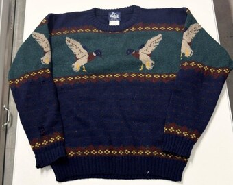 Woolrich Sweater Mens L Blue Fair Mallard Duck Intarsia Knit Wool Vintage 90s