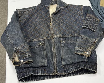 Jeantonic Denim Bomber Jacket Mens M Blue Distressed Quilted Shearling Lined